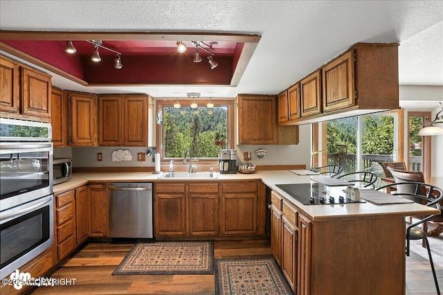 19360 Chugach Park Dr, Chugiak, AK 99567 - kitchen with stainless steel appliances, a tray ceiling, brown cabinetry, light countertops, and wood finished floors