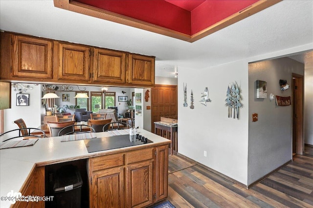 19360 Chugach Park Dr, Chugiak, AK 99567 - kitchen featuring brown cabinetry, dark wood finished floors, black electric stovetop, and light countertops