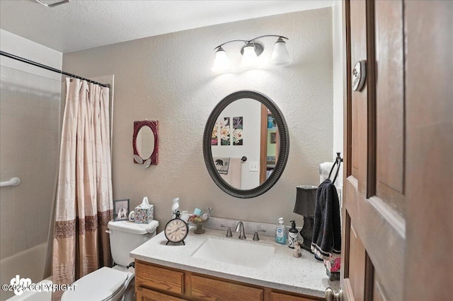 19360 Chugach Park Dr, Chugiak, AK 99567 - bathroom with vanity, shower / tub combo with curtain, and a textured wall