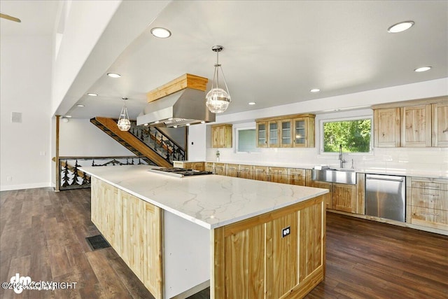 5100 W Lakeside Dr, Wasilla, AK 99654 - kitchen with appliances with stainless steel finishes, extractor fan, dark wood finished floors, backsplash, and recessed lighting