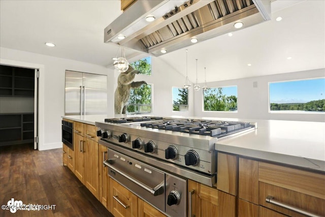 5100 W Lakeside Dr, Wasilla, AK 99654 - kitchen with gas cooktop, wall chimney exhaust hood, healthy amount of natural light, dark wood-style flooring, and recessed lighting