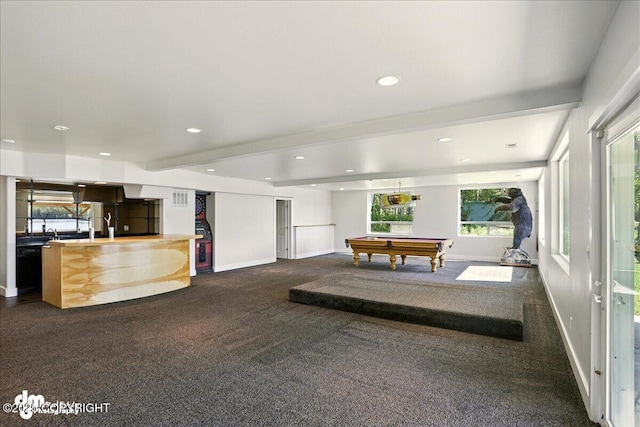 5100 W Lakeside Dr, Wasilla, AK 99654 - playroom with dark carpet, billiards table, beam ceiling, and recessed lighting