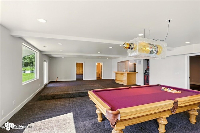 5100 W Lakeside Dr, Wasilla, AK 99654 - recreation room with carpet, pool table, recessed lighting, and bar area
