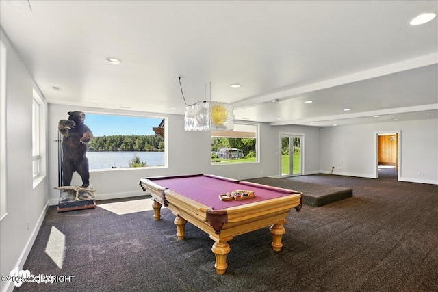5100 W Lakeside Dr, Wasilla, AK 99654 - playroom with carpet flooring, billiards, recessed lighting, and a water view