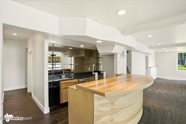 5100 W Lakeside Dr, Wasilla, AK 99654 - bar area with stainless steel dishwasher, recessed lighting, beam ceiling, and dark wood-style flooring