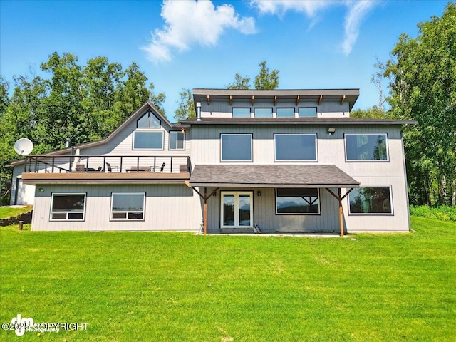 5100 W Lakeside Dr, Wasilla, AK 99654 - back of house with french doors, a yard, a balcony, and a shingled roof