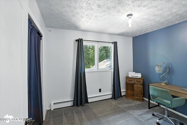 13481 Baywind Dr, Anchorage, AK 99516 - home office with carpet, baseboard heating, and a textured ceiling