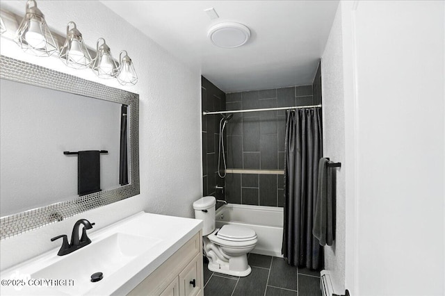 13481 Baywind Dr, Anchorage, AK 99516 - full bathroom featuring vanity, a textured wall, shower / bathtub combination with curtain, tile patterned floors, and baseboard heating