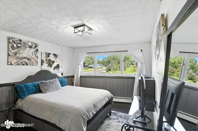 13481 Baywind Dr, Anchorage, AK 99516 - bedroom featuring a baseboard heating unit, a textured ceiling, and wood finished floors