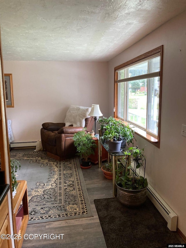 4128 Taku Blvd, Juneau, AK 99801 - living area with a baseboard radiator, a textured ceiling, and wood finished floors