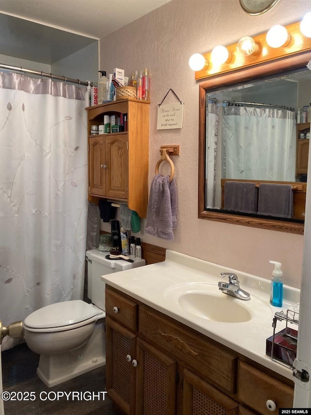 4128 Taku Blvd, Juneau, AK 99801 - full bathroom featuring a textured wall, vanity, and a shower with shower curtain