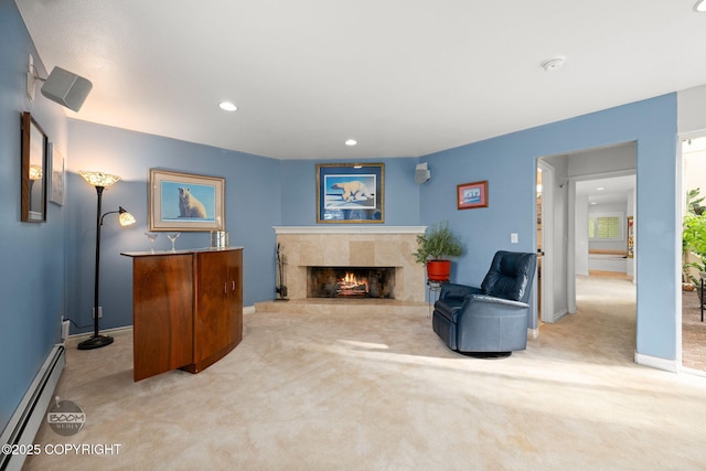 14121 Sunview Dr, Anchorage, AK 99515 - living area with a baseboard heating unit, a fireplace, carpet flooring, and recessed lighting
