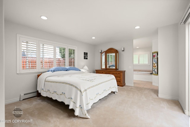 14121 Sunview Dr, Anchorage, AK 99515 - bedroom featuring baseboard heating, light carpet, multiple windows, and recessed lighting