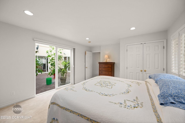 14121 Sunview Dr, Anchorage, AK 99515 - bedroom with access to exterior, recessed lighting, light colored carpet, and a closet