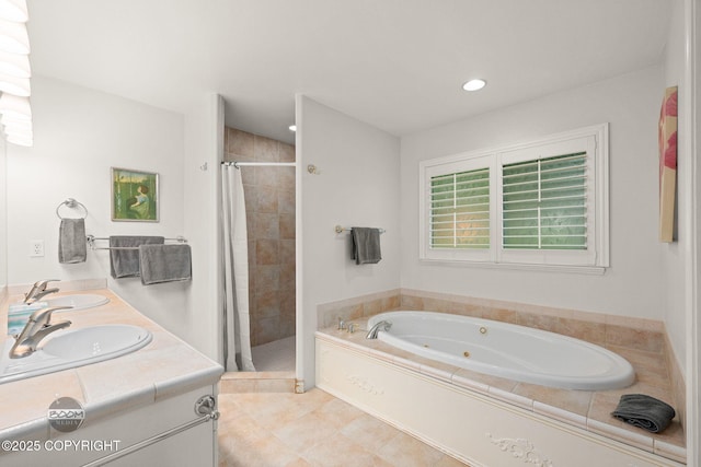14121 Sunview Dr, Anchorage, AK 99515 - full bath with a stall shower, a whirlpool tub, tile patterned floors, double vanity, and recessed lighting