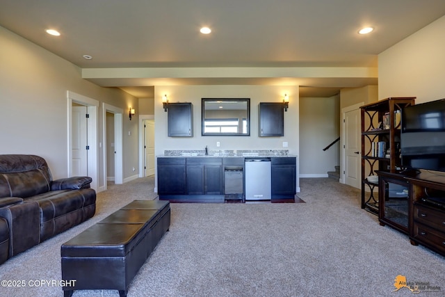 16071 Mountain Air Dr, Anchorage, AK 99516 - living room with carpet flooring, recessed lighting, and stairway