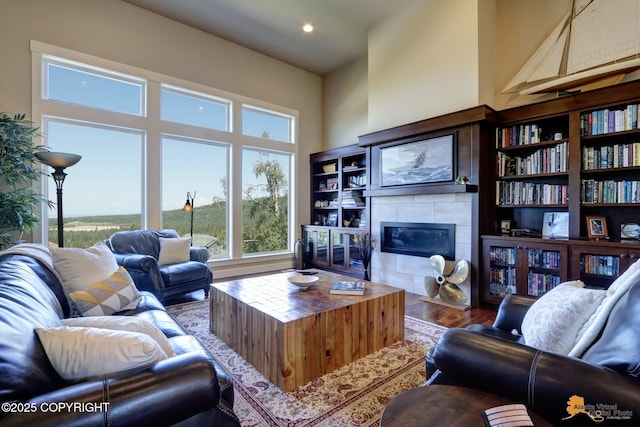 16071 Mountain Air Dr, Anchorage, AK 99516 - living area with a fireplace, recessed lighting, a high ceiling, and wood finished floors