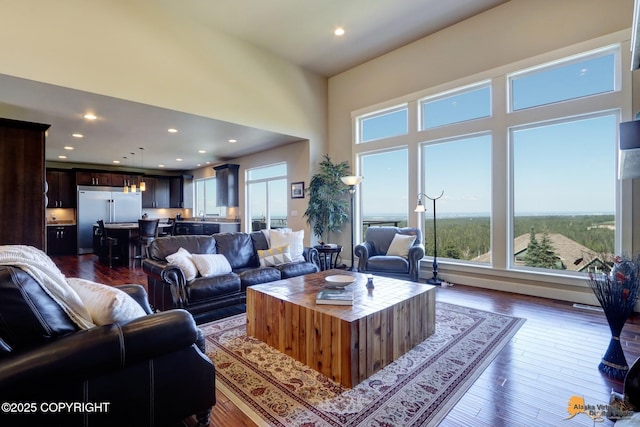 16071 Mountain Air Dr, Anchorage, AK 99516 - living room with a towering ceiling, recessed lighting, and dark wood finished floors