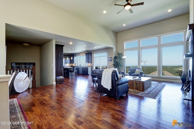 16071 Mountain Air Dr, Anchorage, AK 99516 - living room featuring ceiling fan, dark wood finished floors, and recessed lighting