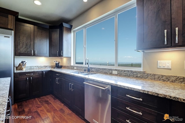 16071 Mountain Air Dr, Anchorage, AK 99516 - kitchen featuring stainless steel dishwasher, dark wood finished floors, light stone counters, and recessed lighting