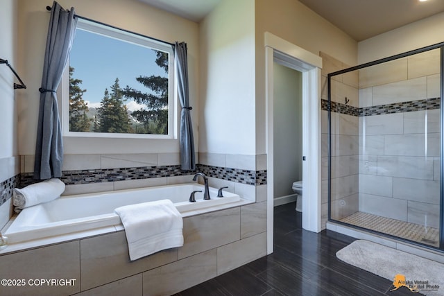 16071 Mountain Air Dr, Anchorage, AK 99516 - bathroom featuring a stall shower, a garden tub, and wood finished floors