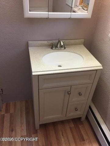 53245 Coyote Ln, Nikiski/North Kenai, AK 99611 - bathroom with vanity, wood finished floors, and a textured wall