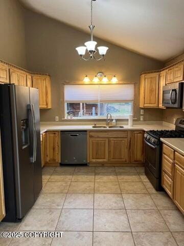 53245 Coyote Ln, Nikiski/North Kenai, AK 99611 - kitchen featuring stainless steel appliances, a chandelier, light countertops, light tile patterned floors, and high vaulted ceiling