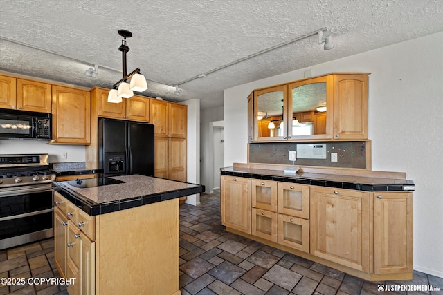 19712 Chugach Park Dr, Eagle River, AK 99567 - kitchen with black appliances, rail lighting, glass insert cabinets, decorative backsplash, and a kitchen island