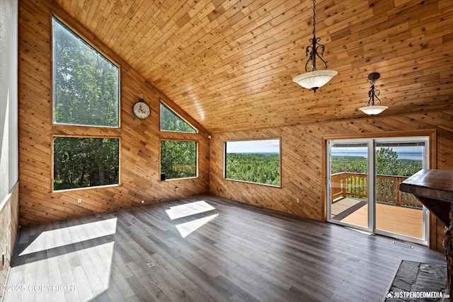 19712 Chugach Park Dr, Eagle River, AK 99567 - unfurnished living room featuring wood walls, high vaulted ceiling, hardwood / wood-style floors, and wooden ceiling
