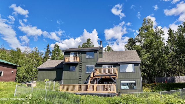 19712 Chugach Park Dr, Eagle River, AK 99567 - rear view of property featuring stairway, roof with shingles, a deck, and a balcony