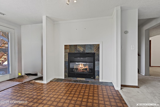 19712 Chugach Park Dr, Eagle River, AK 99567 - detailed view of a tile fireplace and a textured ceiling