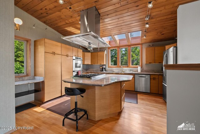 11411 Snowline Dr, Anchorage, AK 99507 - kitchen featuring stainless steel appliances, island exhaust hood, light wood-type flooring, wooden ceiling, and dark stone counters