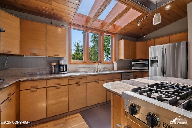 11411 Snowline Dr, Anchorage, AK 99507 - kitchen featuring appliances with stainless steel finishes, wood ceiling, lofted ceiling, light wood-type flooring, and light stone counters