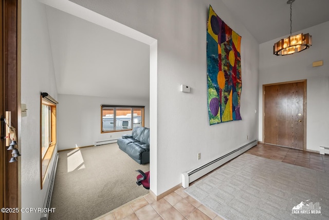 11411 Snowline Dr, Anchorage, AK 99507 - tiled entryway with baseboard heating, high vaulted ceiling, a chandelier, a baseboard radiator, and carpet floors