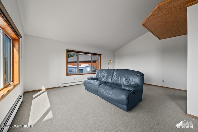 11411 Snowline Dr, Anchorage, AK 99507 - living room with a baseboard radiator, carpet flooring, and lofted ceiling