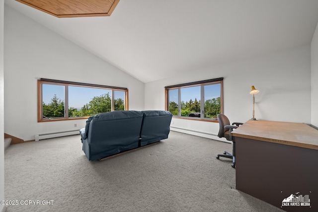 11411 Snowline Dr, Anchorage, AK 99507 - office area with a baseboard radiator, lofted ceiling, carpet, and a baseboard heating unit