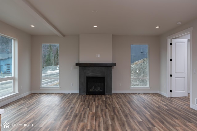 17939 Yellowstone Dr, Eagle River, AK 99577 - unfurnished living room with wood finished floors, a fireplace, recessed lighting, and beamed ceiling