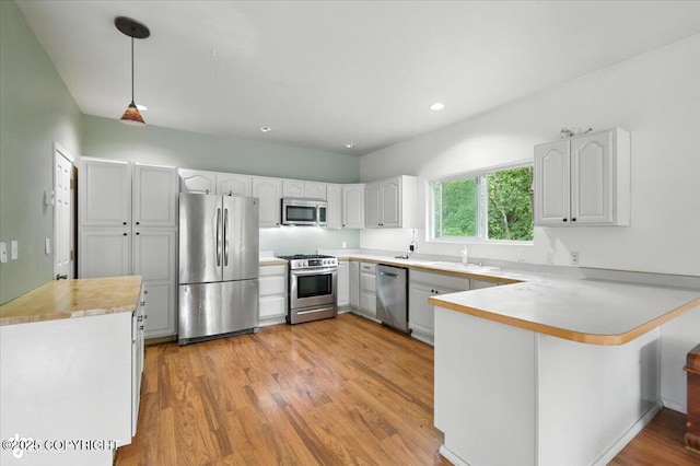 1447 N Ranch Rd, Palmer, AK 99645 - kitchen featuring appliances with stainless steel finishes, a peninsula, pendant lighting, light wood-style flooring, and light countertops