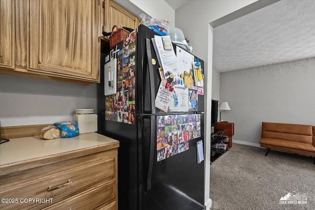 5320 Larkspur St, Anchorage, AK 99507 - kitchen with freestanding refrigerator, carpet flooring, a textured ceiling, and light countertops