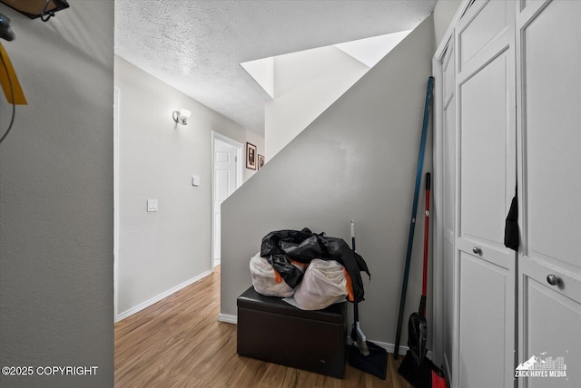 5320 Larkspur St, Anchorage, AK 99507 - hallway with light wood-style floors, a textured ceiling, and a skylight