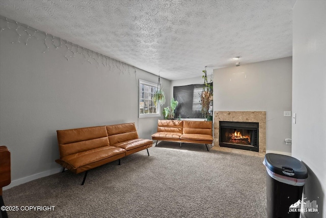 5320 Larkspur St, Anchorage, AK 99507 - living area featuring a textured ceiling, a tiled fireplace, and carpet floors