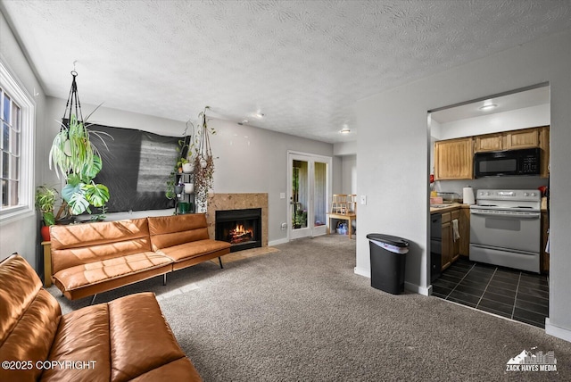5320 Larkspur St, Anchorage, AK 99507 - living room featuring a tile fireplace, dark colored carpet, and a textured ceiling
