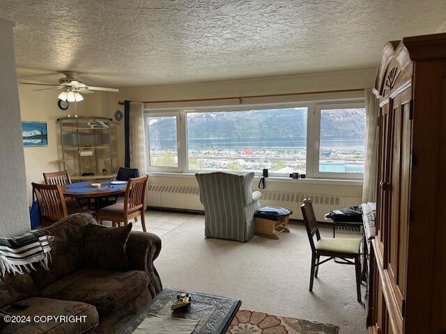 100 Kenai St # 908, Whittier, AK 99693 - living area with radiator, ceiling fan, a textured ceiling, and light colored carpet