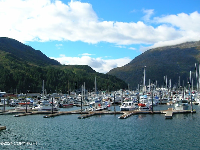 100 Kenai St # 908, Whittier, AK 99693 - dock area featuring view of marina, a water and mountain view, and a forest view