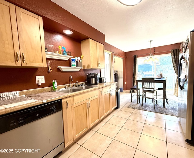 711 Maple Dr, Kenai, AK 99611 - kitchen featuring appliances with stainless steel finishes, light brown cabinetry, a textured ceiling, light countertops, and a textured wall