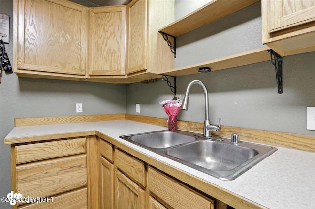 6403 E 10th Ave # 26, Anchorage, AK 99504 - kitchen featuring open shelves, light countertops, and light brown cabinets