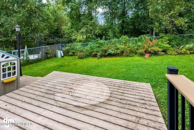 6340 Habicht Ct, Anchorage, AK 99504 - wooden terrace featuring a fenced backyard and view of wooded area