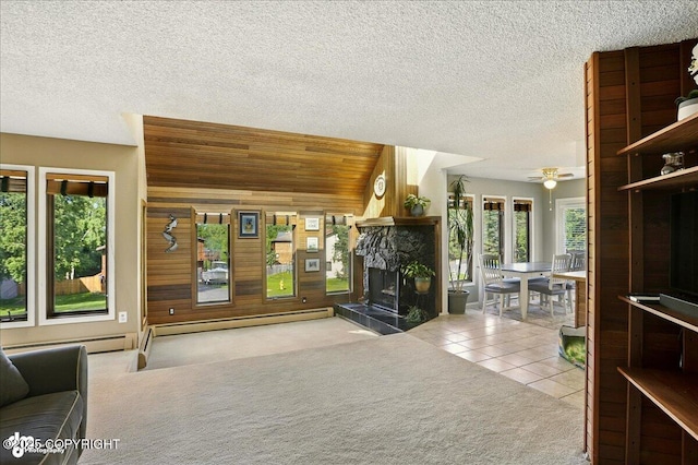 6340 Habicht Ct, Anchorage, AK 99504 - living room featuring baseboard heating, carpet, a stone fireplace, healthy amount of natural light, and wooden walls