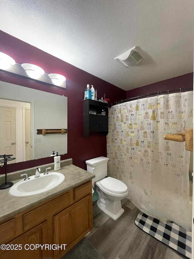 46270 Woodwill Dr, Kenai, AK 99611 - bathroom with wood finished floors, vanity, a textured ceiling, and shower / bath combo with shower curtain