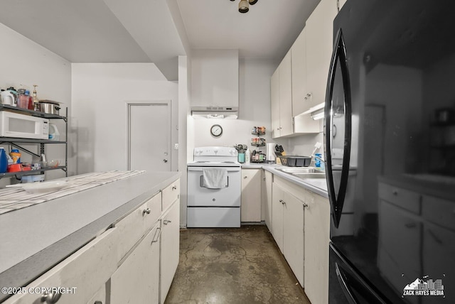 4116 W 88th Ave, Anchorage, AK 99502 - kitchen with white appliances, light countertops, unfinished concrete flooring, white cabinetry, and under cabinet range hood